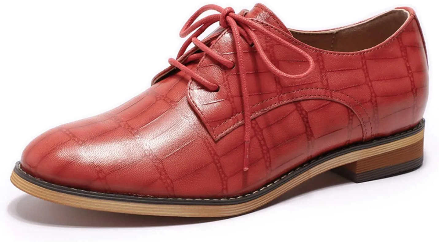 Mona flying Women's Fashion Croc Embossed Oxfords Derby Lace-up Leather Flat Shoes for Ladies
