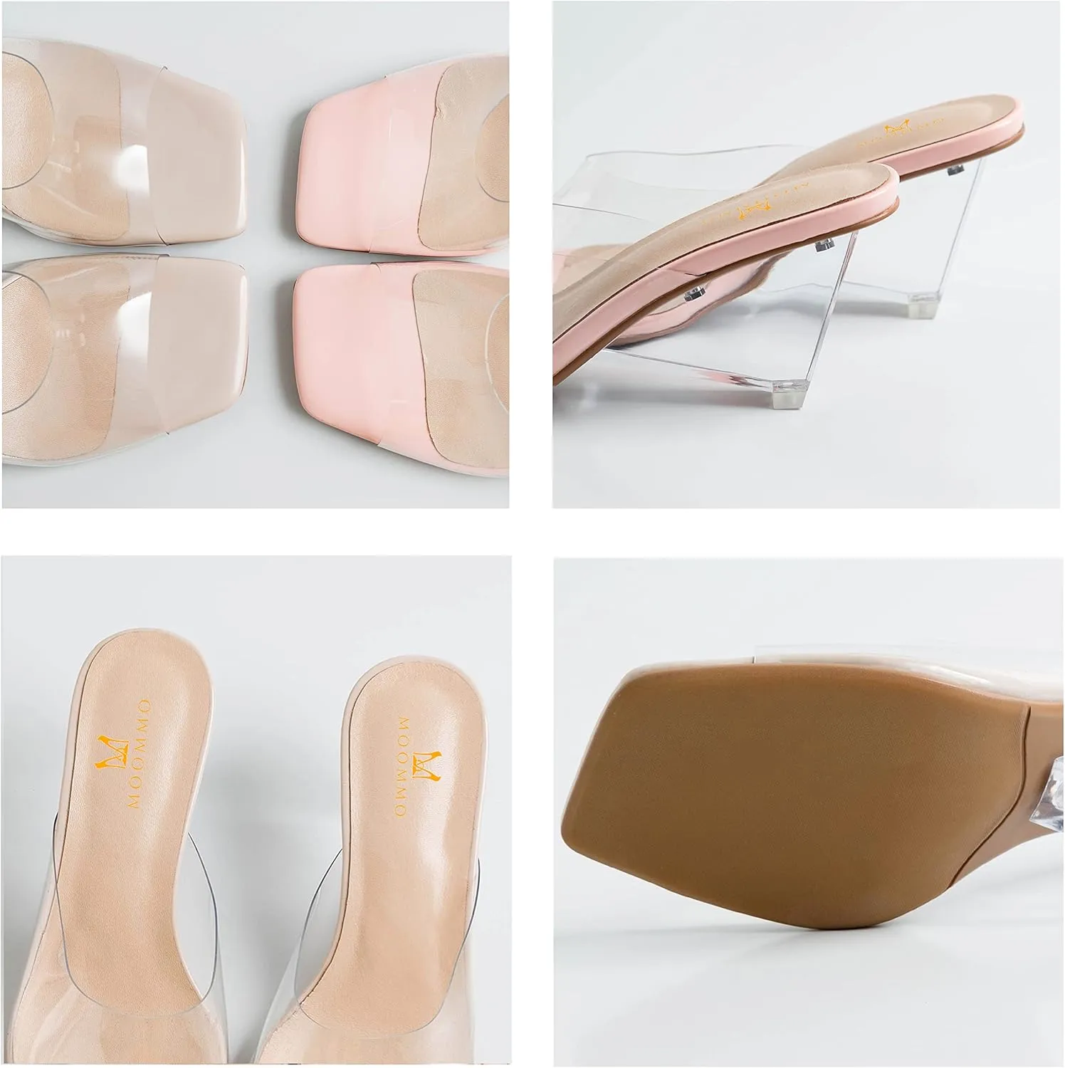 MOOMMO Women Clear Heels Sandals Mules Open Peep Square Toe PVC Transparent Wedge Sandals Backless Slip On Dress Wedge Mule Shoes Clear Strap Slide Slippers Ladies Dressy Comfort Summer 4-9 M US