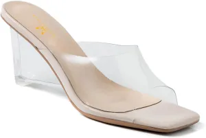 MOOMMO Women Clear Heels Sandals Mules Open Peep Square Toe PVC Transparent Wedge Sandals Backless Slip On Dress Wedge Mule Shoes Clear Strap Slide Slippers Ladies Dressy Comfort Summer 4-9 M US