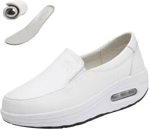 MOYOWEI Women's Leather Slip On Nursing Shoes,Lightweight Comfort Orthopedic Stretch Cushion Non-Slip Walking Fashion Sneakers
