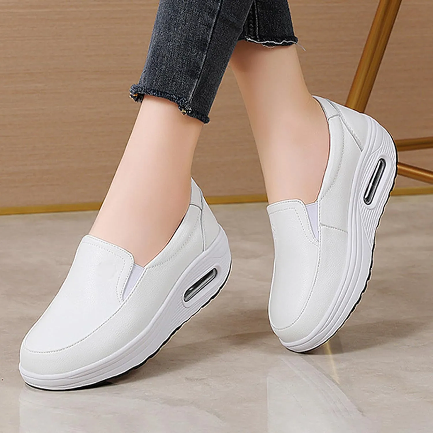 MOYOWEI Women's Leather Slip On Nursing Shoes,Lightweight Comfort Orthopedic Stretch Cushion Non-Slip Walking Fashion Sneakers