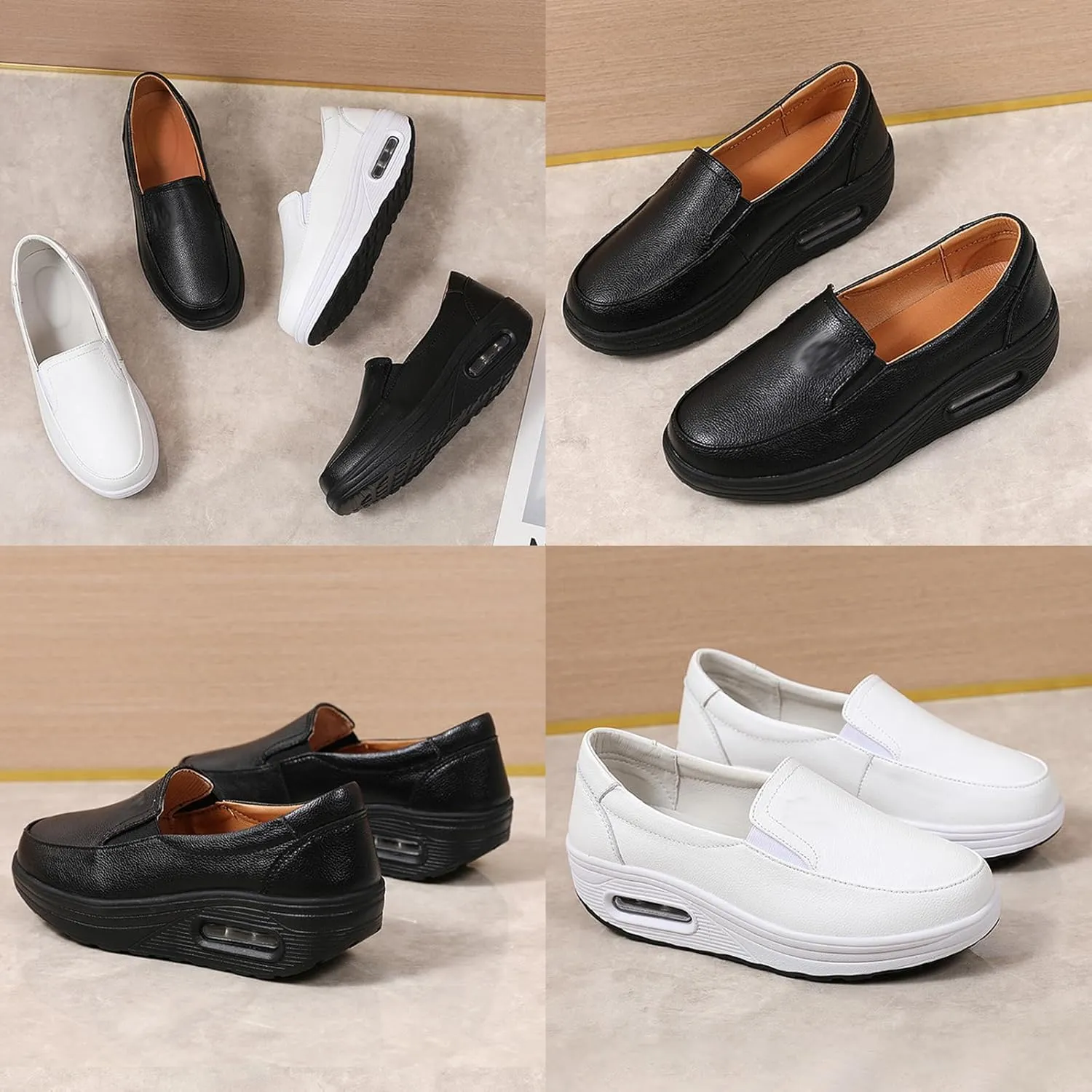 MOYOWEI Women's Leather Slip On Nursing Shoes,Lightweight Comfort Orthopedic Stretch Cushion Non-Slip Walking Fashion Sneakers