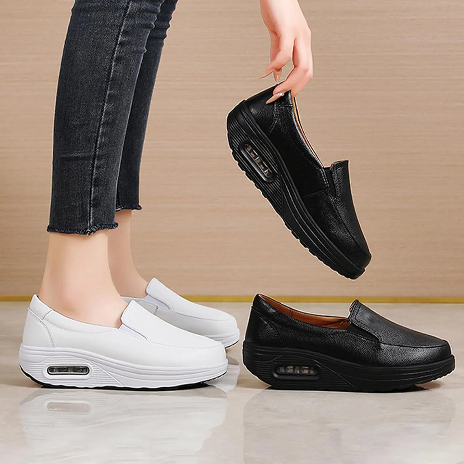 MOYOWEI Women's Leather Slip On Nursing Shoes,Lightweight Comfort Orthopedic Stretch Cushion Non-Slip Walking Fashion Sneakers