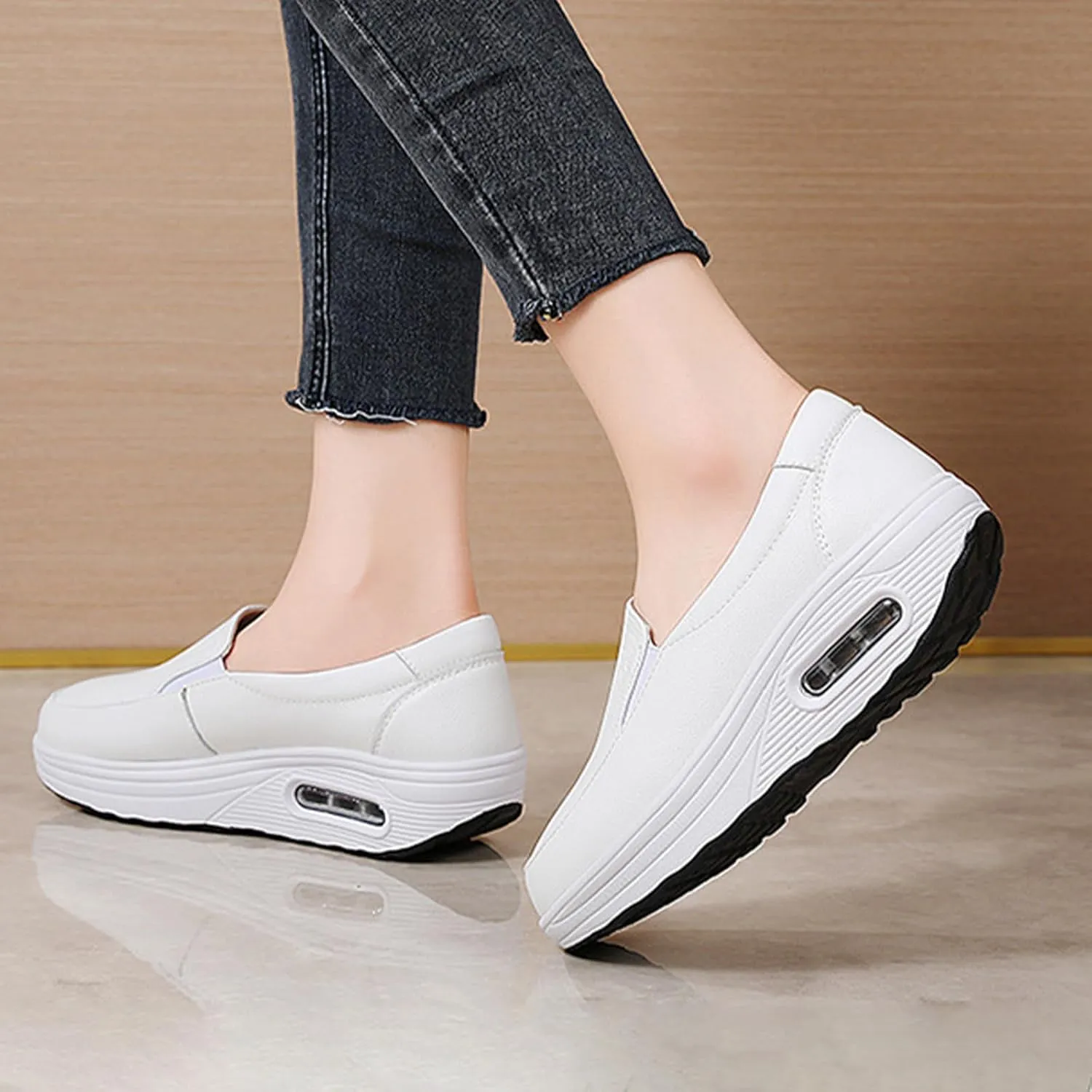 MOYOWEI Women's Leather Slip On Nursing Shoes,Lightweight Comfort Orthopedic Stretch Cushion Non-Slip Walking Fashion Sneakers
