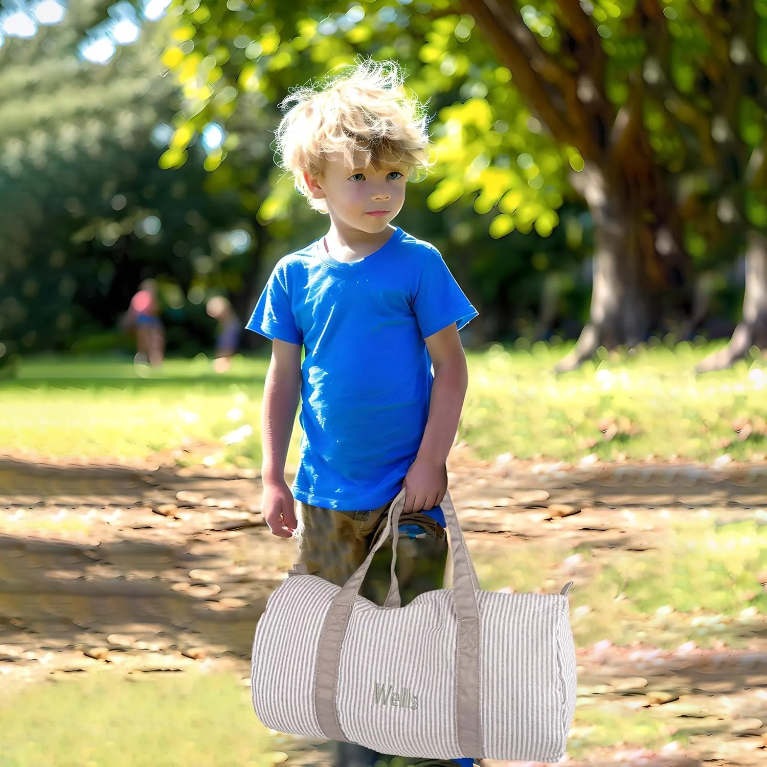 MT WORLD Personalized Duffle Bag for Kids Seersucker Travel Duffel Bag White Dance bag Toddler Weekender Bag with Embroidered Name Child Small Sports Gym Bag Little Girls Boys Overnight Bag (Grey)