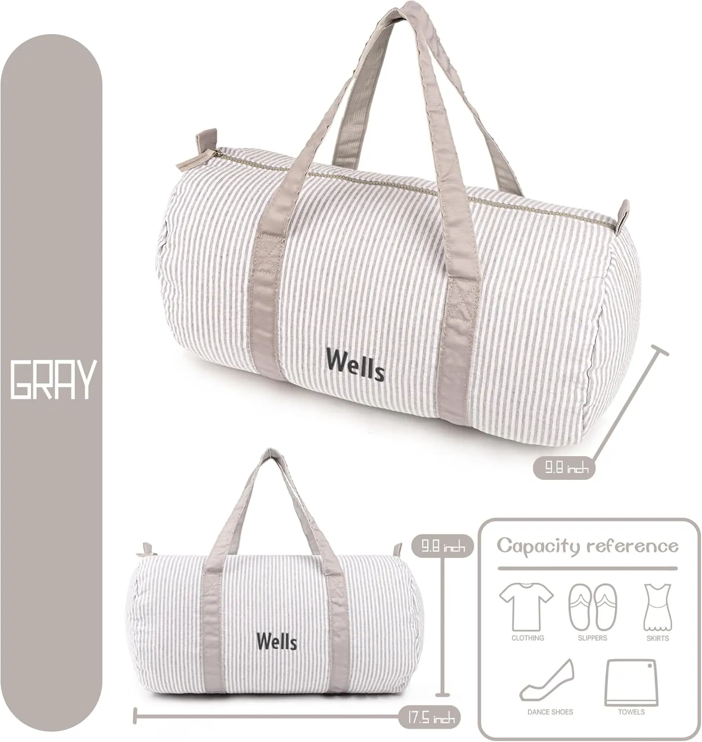 MT WORLD Personalized Duffle Bag for Kids Seersucker Travel Duffel Bag White Dance bag Toddler Weekender Bag with Embroidered Name Child Small Sports Gym Bag Little Girls Boys Overnight Bag (Grey)