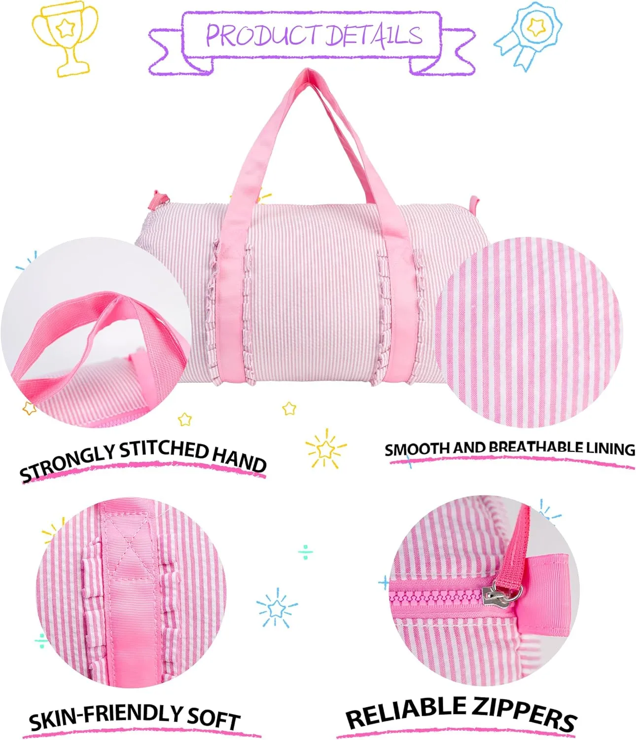 MT WORLD Pink Ballet Bags for Girls Ruffle Kids Overnight Duffle Bag Seersucker Personalized Dance Bag with Name Weekender Bag Custom Small Duffle Bag for Travel School Sleepover