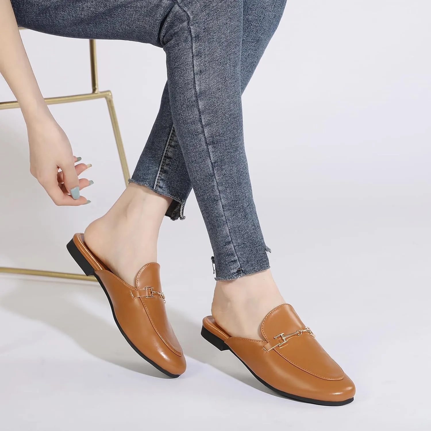 Mules for Women Flats Round Toe Womens Mules Buckle Slip on Slides Backless Loafer Shoes