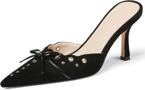 Mules for Women - Kitten Heels, Closed Pointed Toe Cut-Out Pumps Slip On Bow Heels Sandals