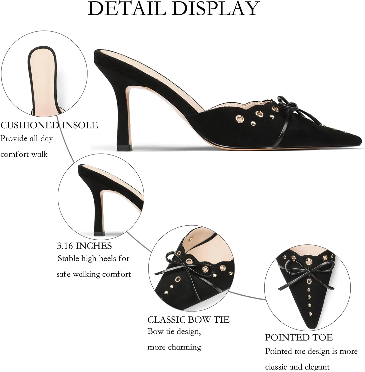 Mules for Women - Kitten Heels, Closed Pointed Toe Cut-Out Pumps Slip On Bow Heels Sandals