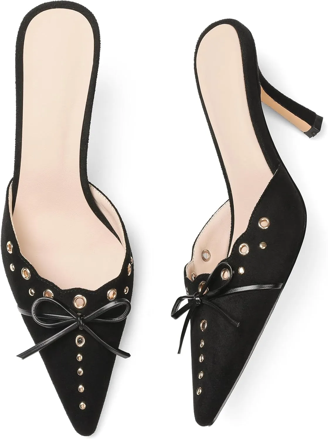 Mules for Women - Kitten Heels, Closed Pointed Toe Cut-Out Pumps Slip On Bow Heels Sandals