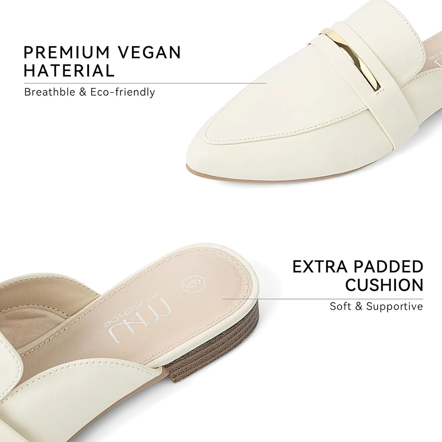 MUSSHOE Mules for Woman Pointed Toe Women's Bukle Mule Flat Slip-on Womens Mules Shoes Casual Fashion Party Work