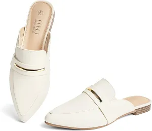 MUSSHOE Mules for Woman Pointed Toe Women's Bukle Mule Flat Slip-on Womens Mules Shoes Casual Fashion Party Work