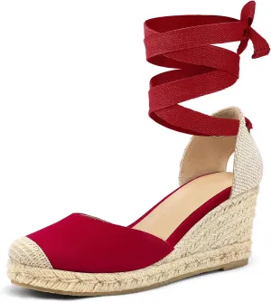 mysoft Women's Espadrille Platform Wedge Sandals Closed Toe Ankle Strap Lace up Summer Shoes