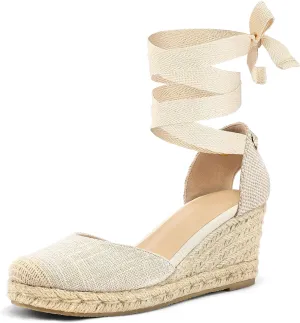 mysoft Women's Espadrille Platform Wedge Sandals Closed Toe Ankle Strap Lace up Summer Shoes