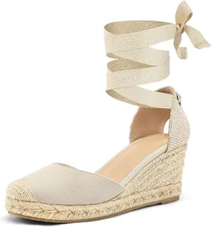 mysoft Women's Espadrille Platform Wedge Sandals Closed Toe Ankle Strap Lace up Summer Shoes