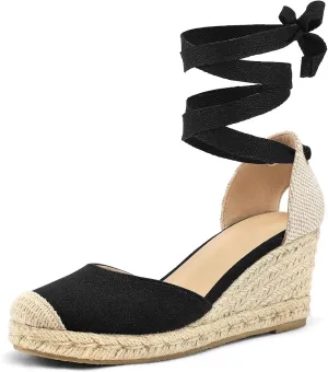 mysoft Women's Espadrille Platform Wedge Sandals Closed Toe Ankle Strap Lace up Summer Shoes
