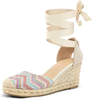 mysoft Women's Espadrille Platform Wedge Sandals Closed Toe Ankle Strap Lace up Summer Shoes