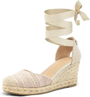 mysoft Women's Espadrille Platform Wedge Sandals Closed Toe Ankle Strap Lace up Summer Shoes
