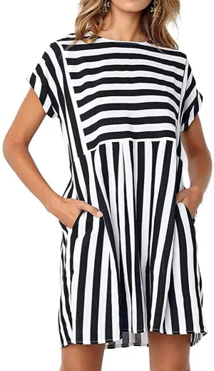 Naggoo Womens Summer Striped Short Sleeve T-Shirt Dresses Casual Swing Aline Dresses with Pocket