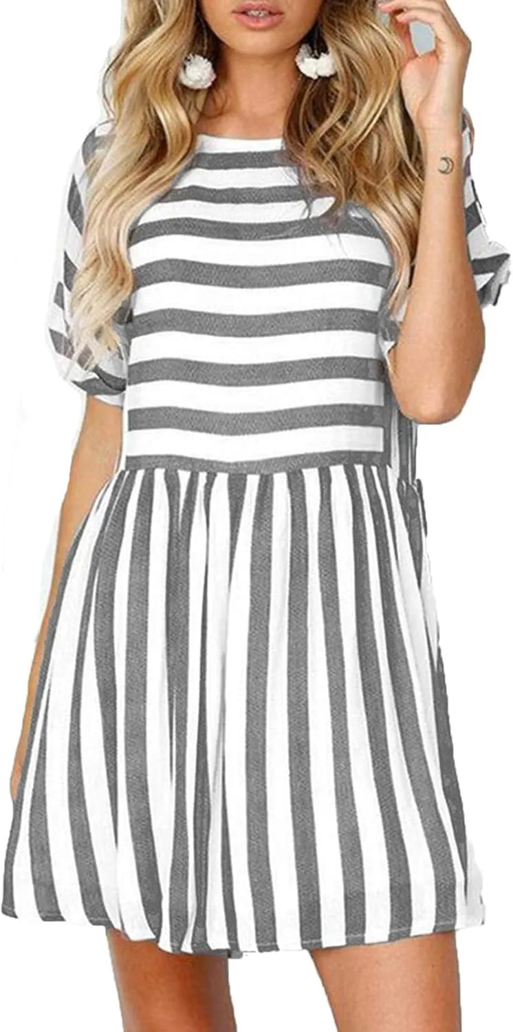Naggoo Womens Summer Striped Short Sleeve T-Shirt Dresses Casual Swing Aline Dresses with Pocket