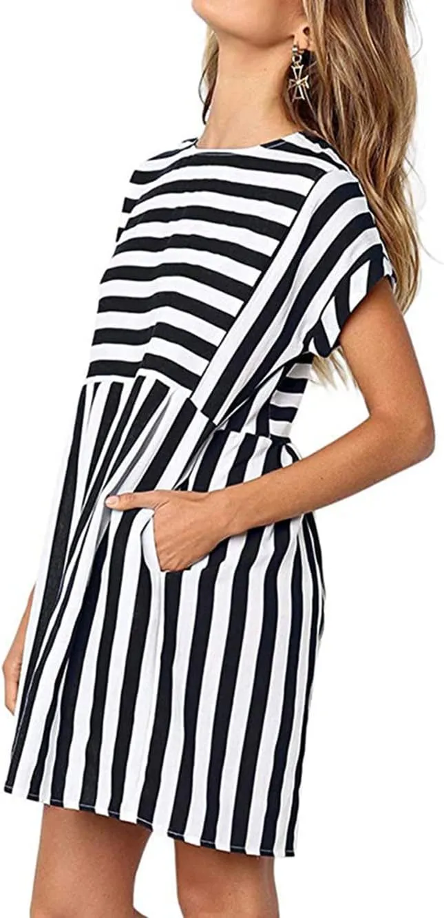 Naggoo Womens Summer Striped Short Sleeve T-Shirt Dresses Casual Swing Aline Dresses with Pocket
