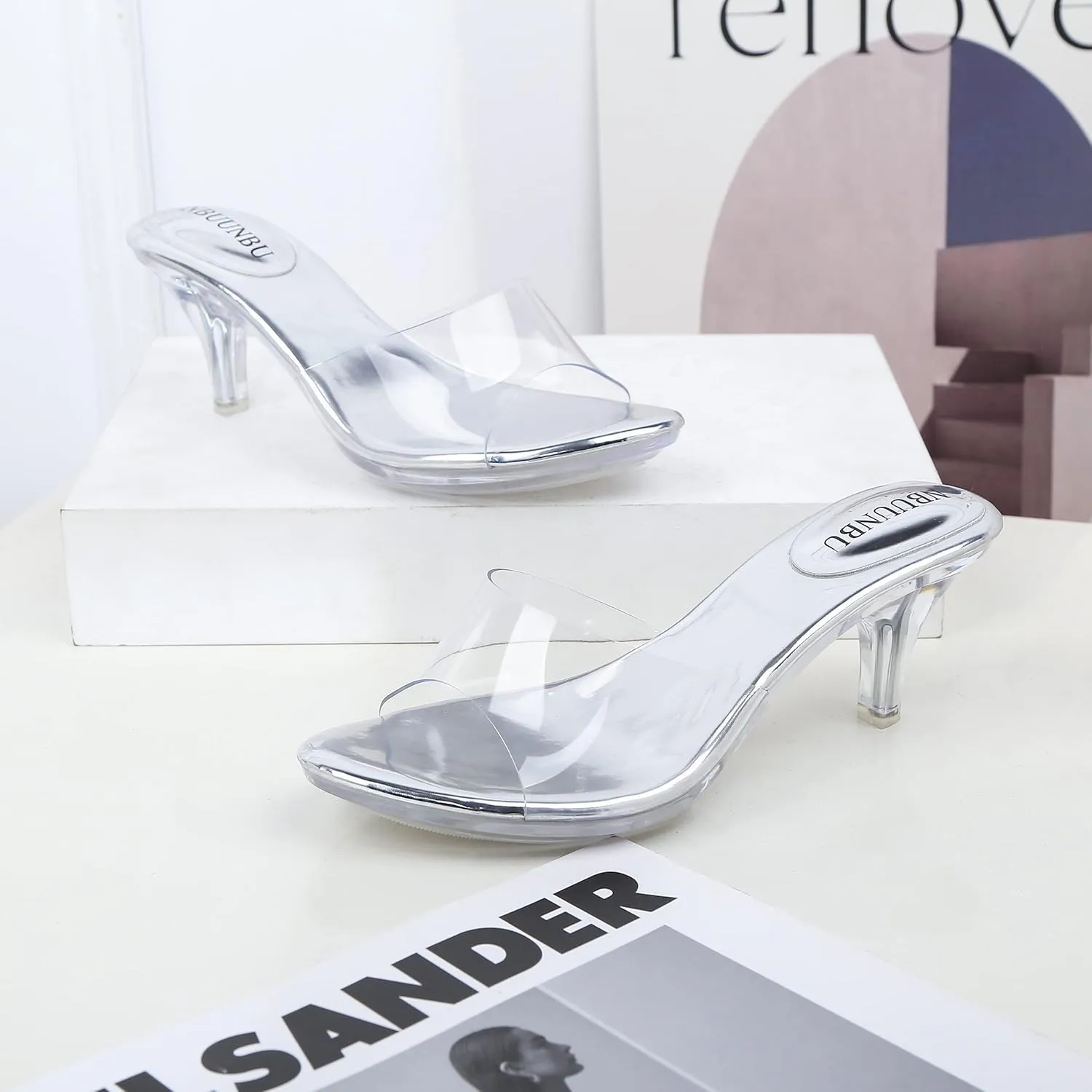 NBUUNBU Clear Heels for Women Silver Black Heels Little Platform Sexy High Heels Sandals Stiletto Kitten Open Toe Dress Shoes Comfortable Double Transparent Strap Heeled Sandals Mule