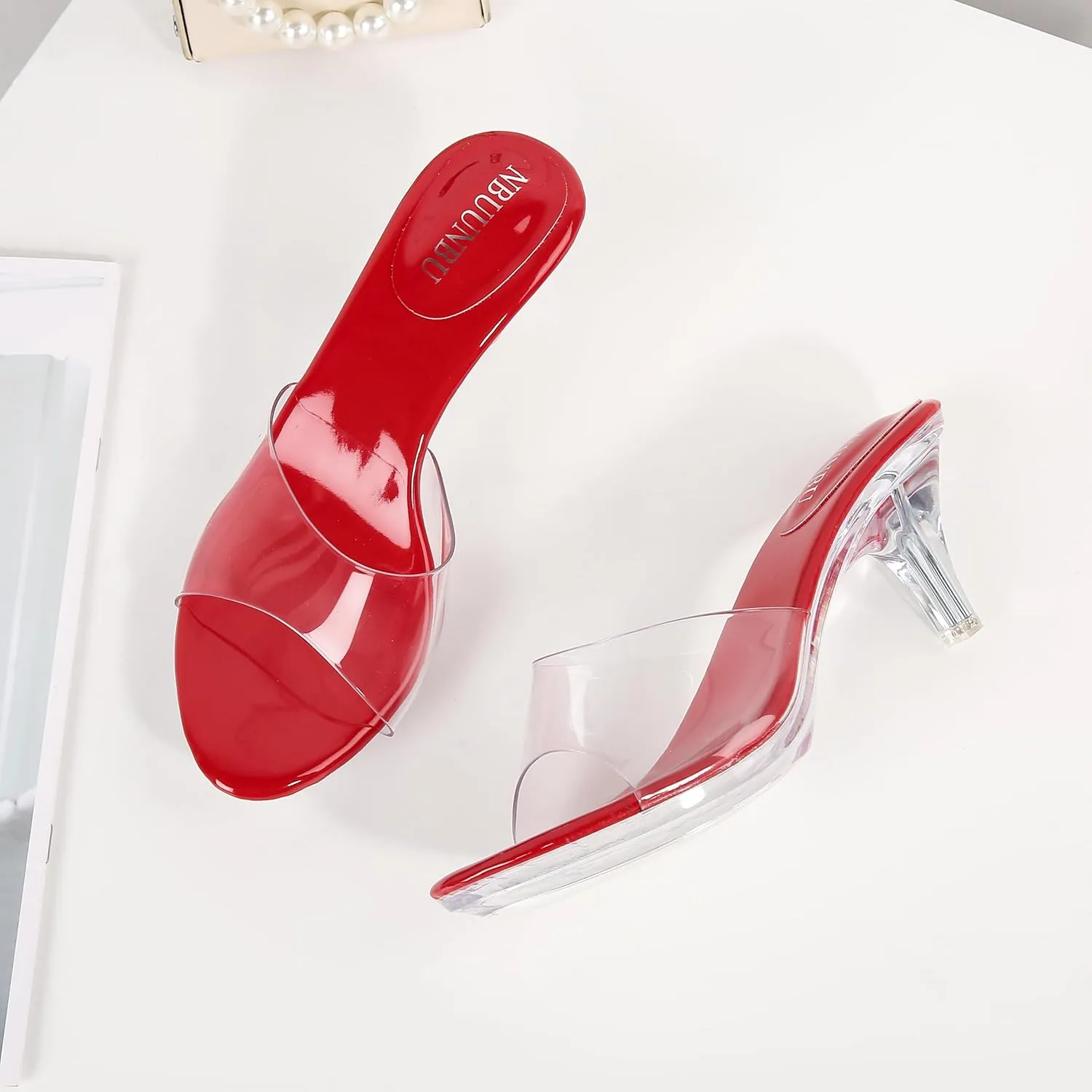 NBUUNBU Clear Heels for Women Silver Black Heels Little Platform Sexy High Heels Sandals Stiletto Kitten Open Toe Dress Shoes Comfortable Double Transparent Strap Heeled Sandals Mule