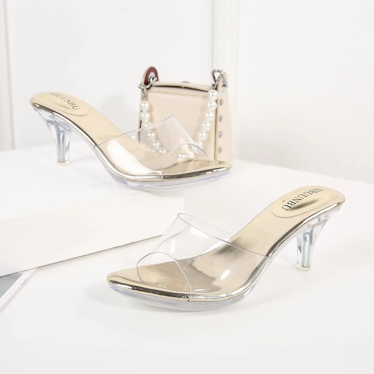 NBUUNBU Clear Heels for Women Silver Black Heels Little Platform Sexy High Heels Sandals Stiletto Kitten Open Toe Dress Shoes Comfortable Double Transparent Strap Heeled Sandals Mule