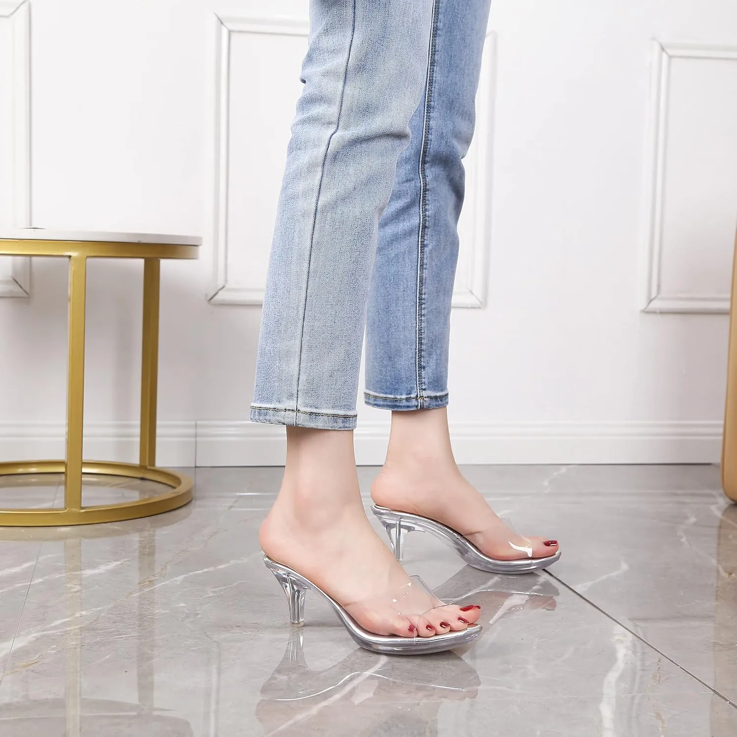 NBUUNBU Clear Heels for Women Silver Black Heels Little Platform Sexy High Heels Sandals Stiletto Kitten Open Toe Dress Shoes Comfortable Double Transparent Strap Heeled Sandals Mule