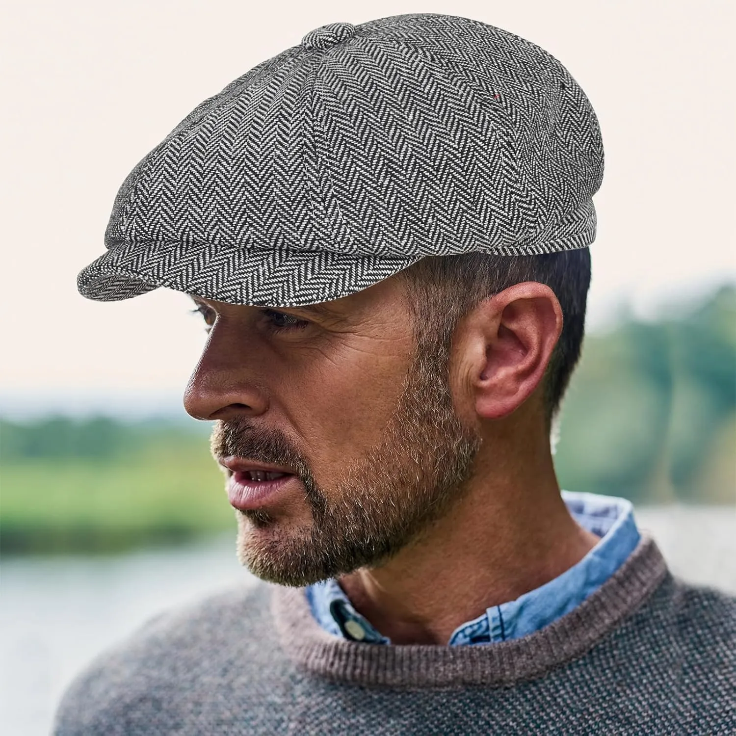 Newsboy Cap for Men Cotton 8 Panel Men's Flat Cap Herringbone Tweed CabbieHat