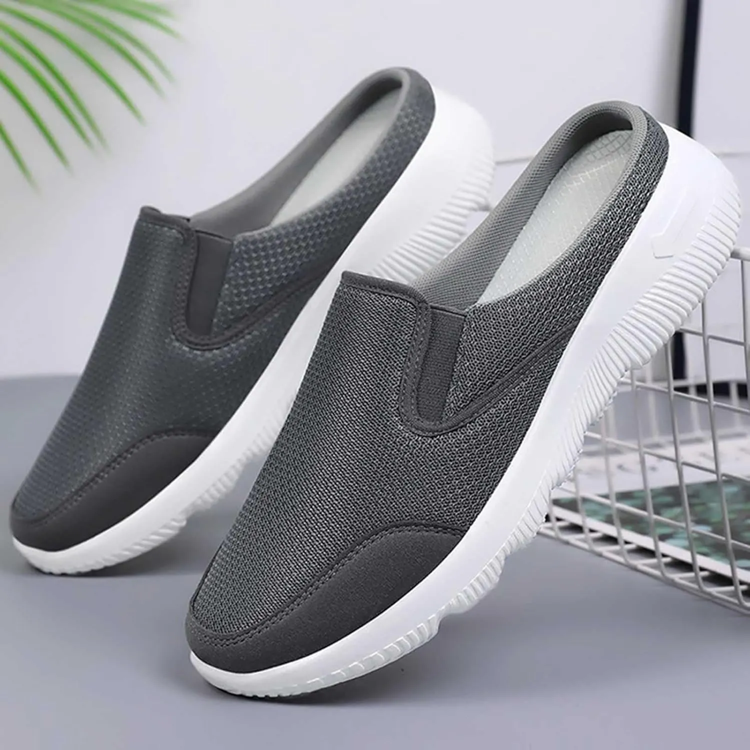 Non Slip Work Sport Shoes for Men Breathable Elastic Fly Woven Mesh Sneaker Casual Soft Flat Soled Walking Shoes