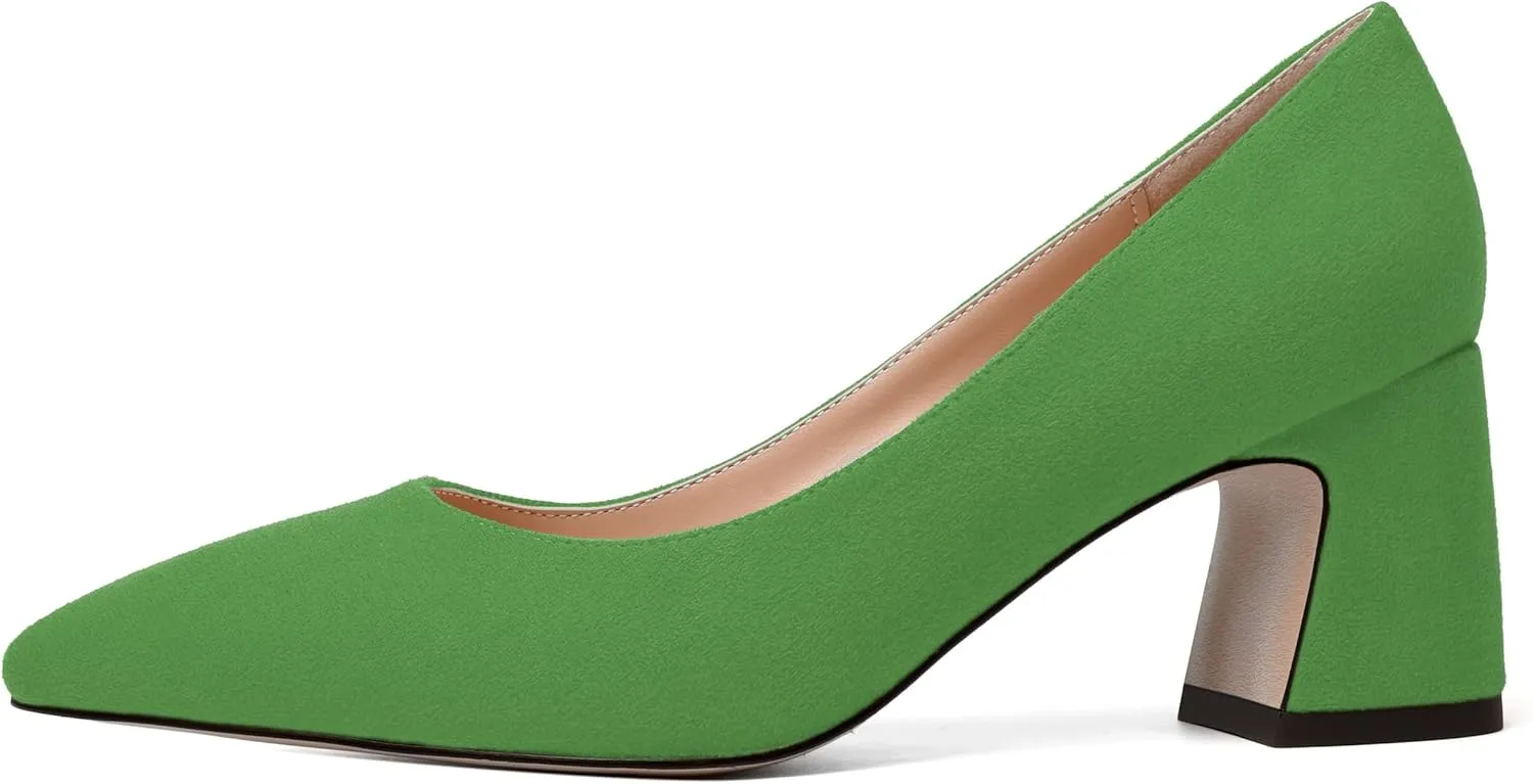 NUMALEO Womens Suede Wedding Solid Slip On Pointed Toe Dress Chunky Mid Heel Pumps Shoes 2.5 Inch