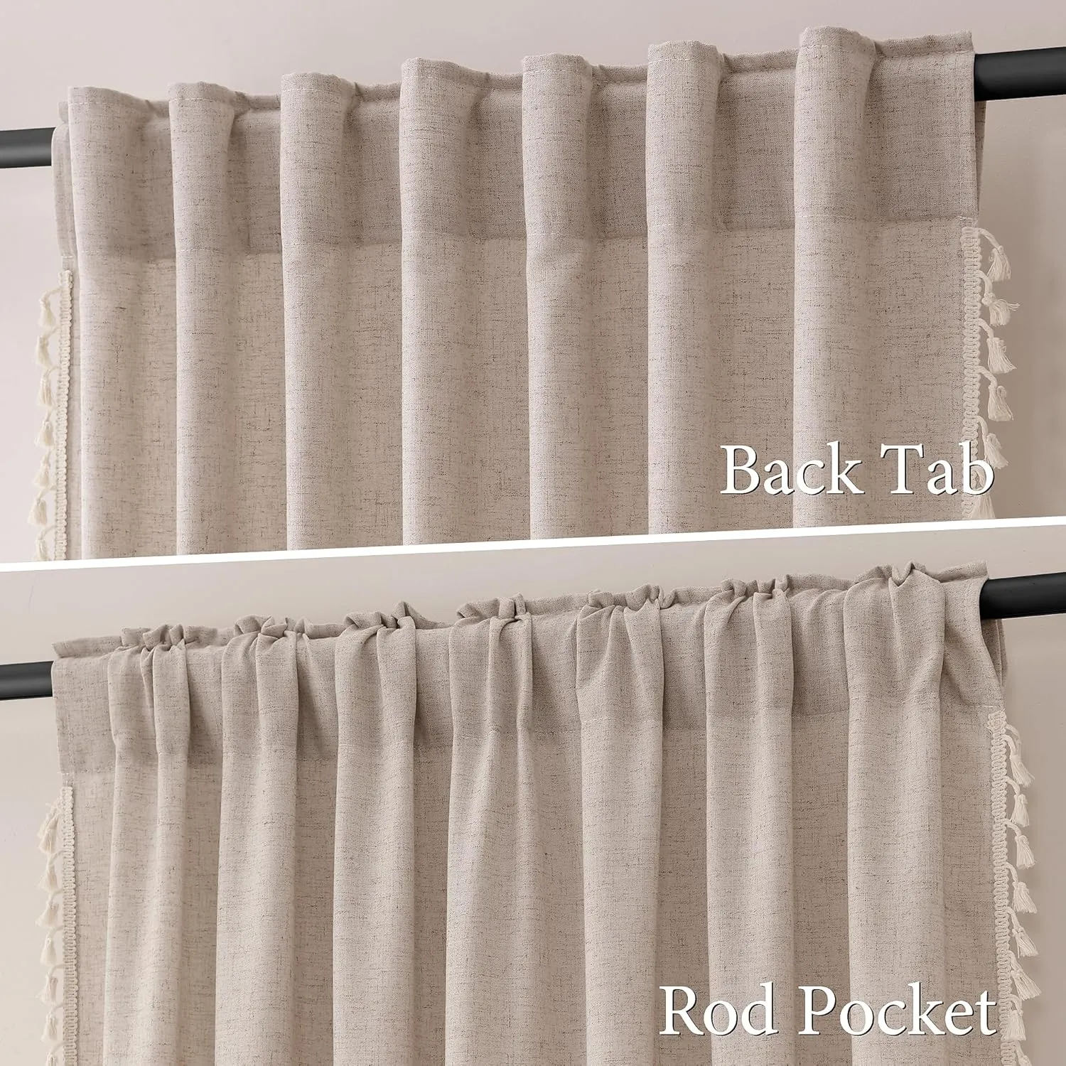 Oatmeal Beige Linen Textured Curtains 72 Inches Long 2 Panels Boho Farmhouse Semi Sheer Window Curtains Tassels Back Tab Neutral Light Filtering Chic Curtain Drapes for Living Room Bedroom 52x72