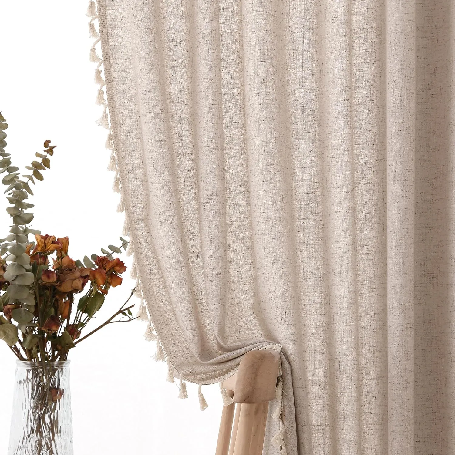Oatmeal Beige Linen Textured Curtains 72 Inches Long 2 Panels Boho Farmhouse Semi Sheer Window Curtains Tassels Back Tab Neutral Light Filtering Chic Curtain Drapes for Living Room Bedroom 52x72