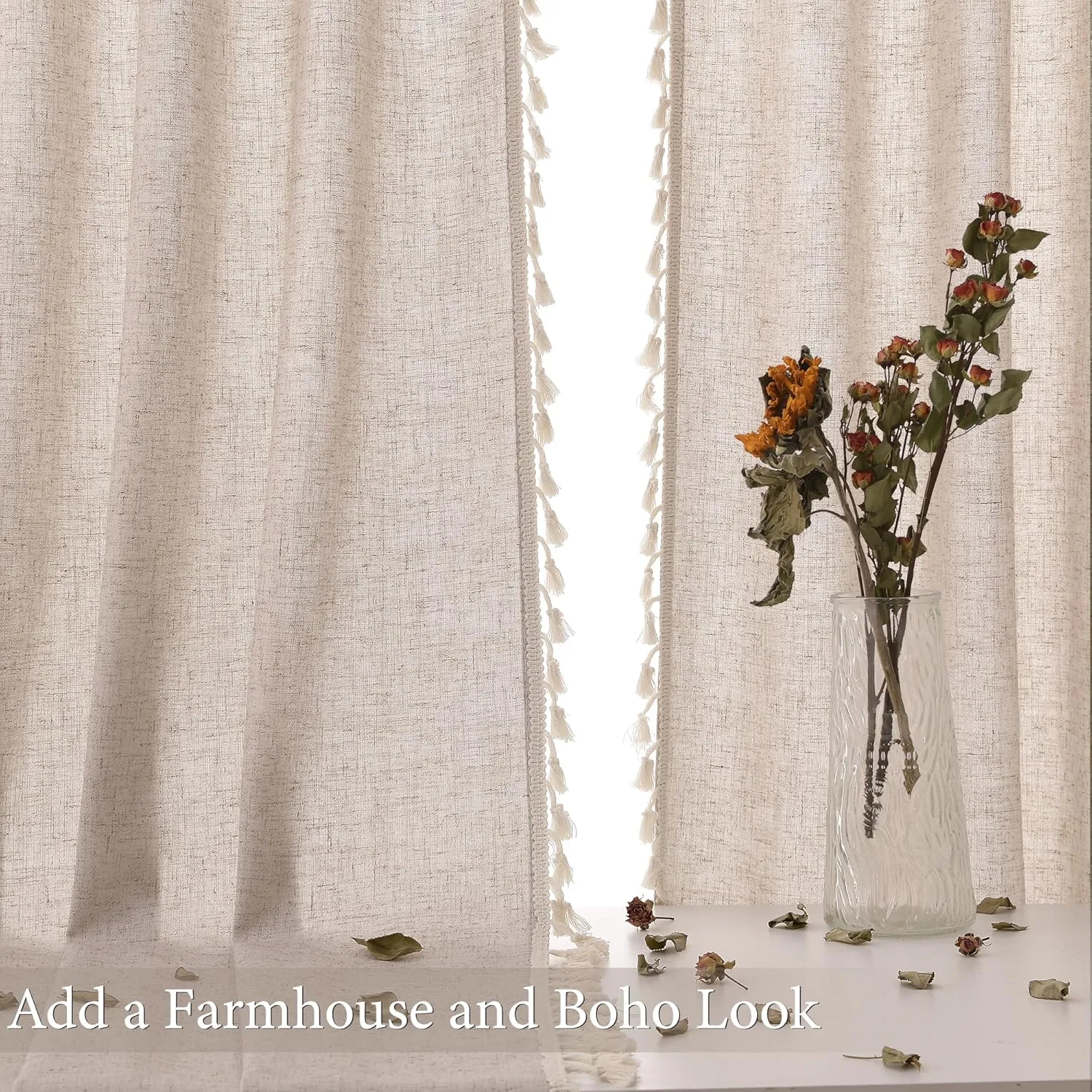 Oatmeal Beige Linen Textured Curtains 72 Inches Long 2 Panels Boho Farmhouse Semi Sheer Window Curtains Tassels Back Tab Neutral Light Filtering Chic Curtain Drapes for Living Room Bedroom 52x72