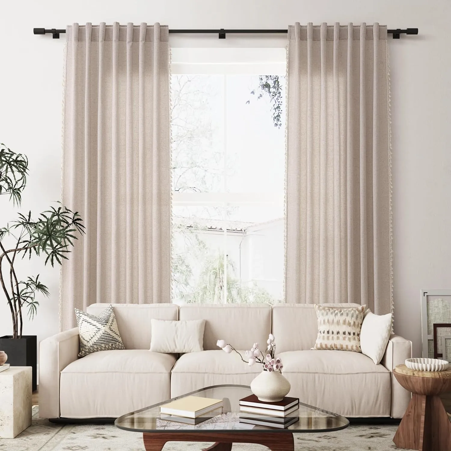 Oatmeal Beige Linen Textured Curtains 72 Inches Long 2 Panels Boho Farmhouse Semi Sheer Window Curtains Tassels Back Tab Neutral Light Filtering Chic Curtain Drapes for Living Room Bedroom 52x72