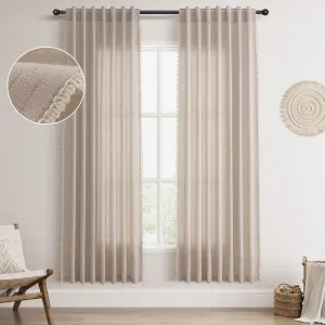Oatmeal Beige Linen Textured Curtains 72 Inches Long 2 Panels Boho Farmhouse Semi Sheer Window Curtains Tassels Back Tab Neutral Light Filtering Chic Curtain Drapes for Living Room Bedroom 52x72