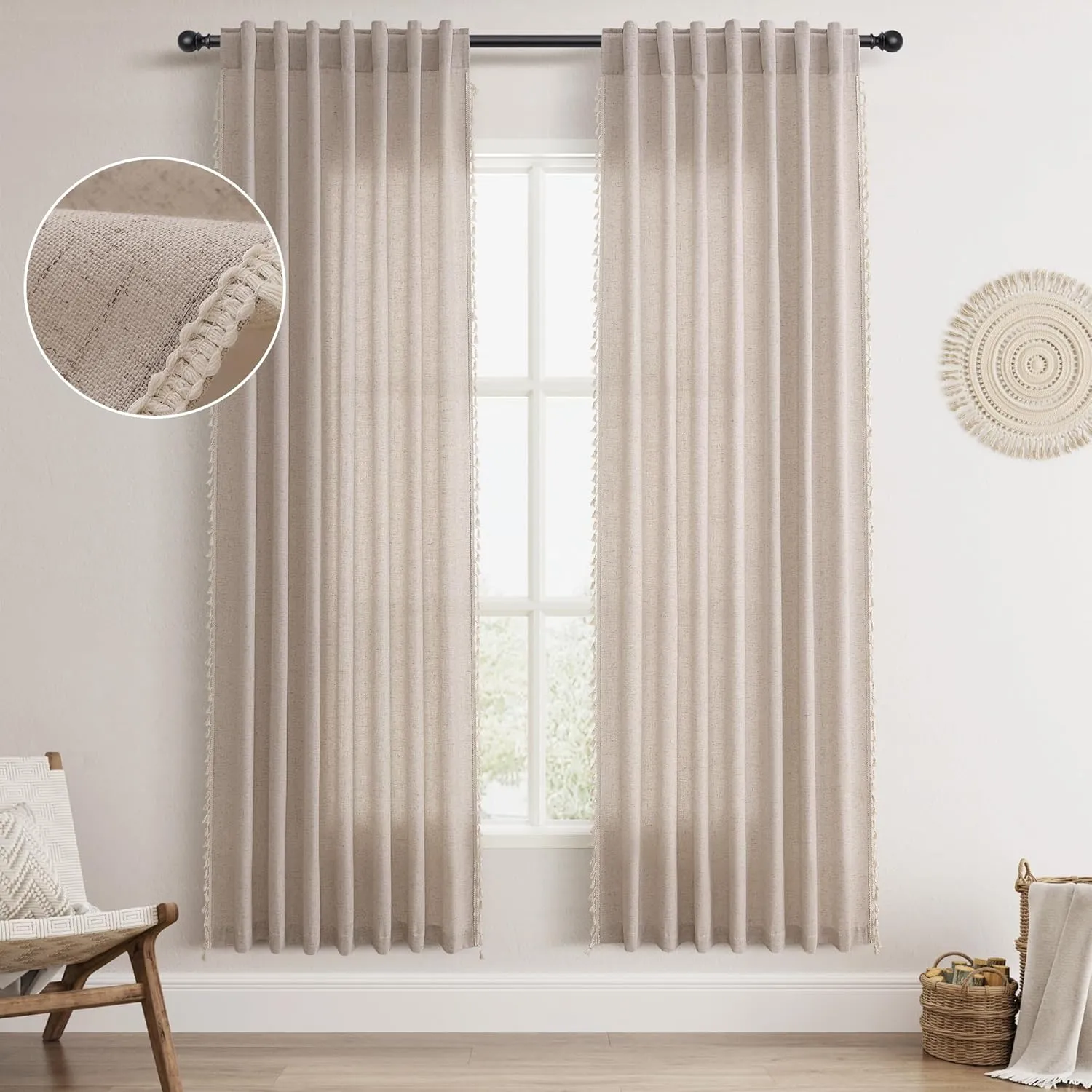 Oatmeal Beige Linen Textured Curtains 72 Inches Long 2 Panels Boho Farmhouse Semi Sheer Window Curtains Tassels Back Tab Neutral Light Filtering Chic Curtain Drapes for Living Room Bedroom 52x72