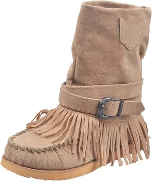 oiangi Tassel Boots for Women Fashion Suede Winter Round Toe Strap buckle Vintage Fringe Mid-Calf boots Comfortable casual Ladies Outdoor Flat Shoes