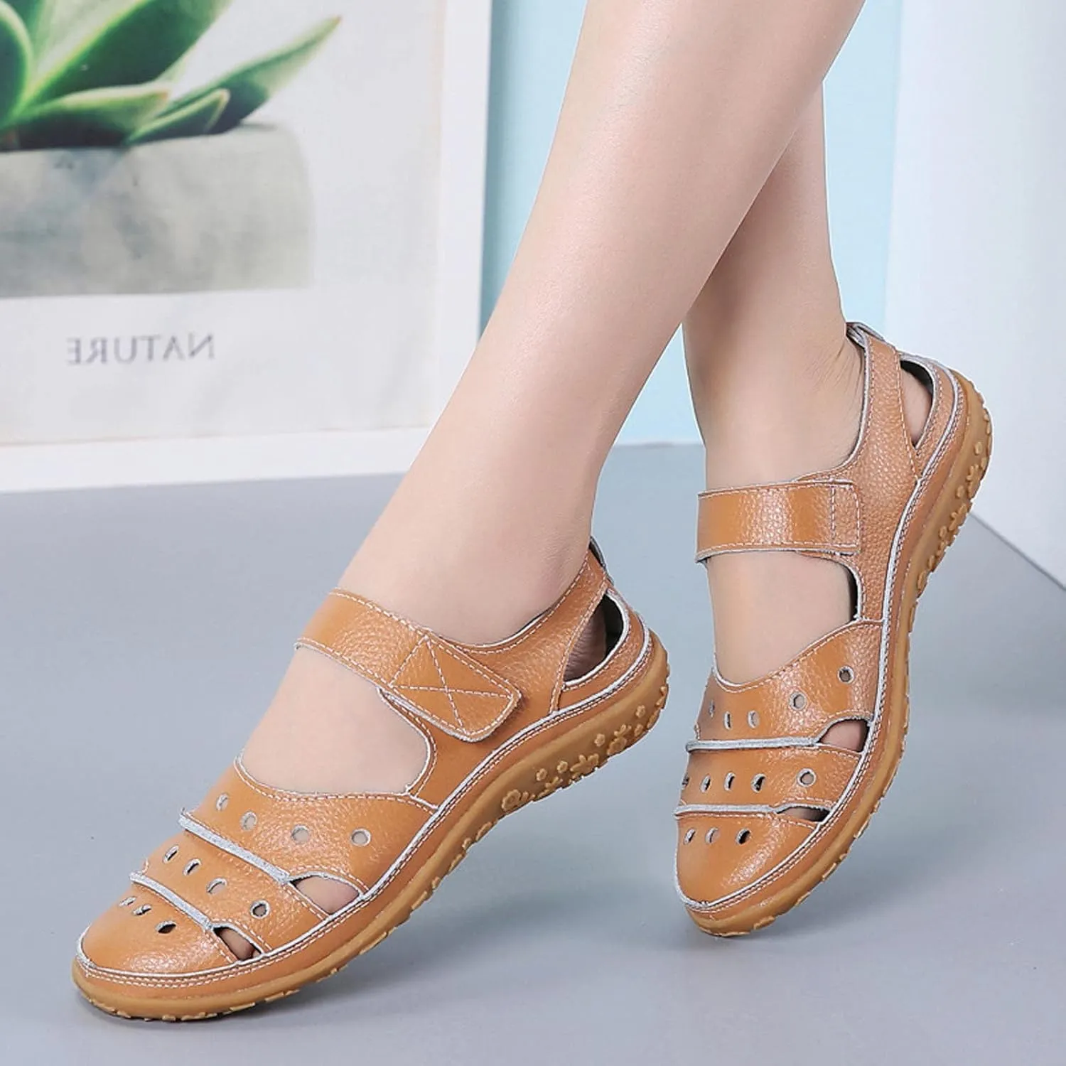 oiangi Womens Sandals Comfortable Wedge Sandals Summer Casual Hollow Hole Closed Toe Hook and Loop Sandals Lightweight Outdoor Non-Slip Ladies Shoes