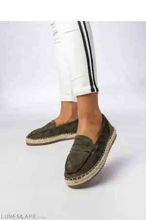 Olive Eco-Suede Women’s Loafers with Espadrille Sole