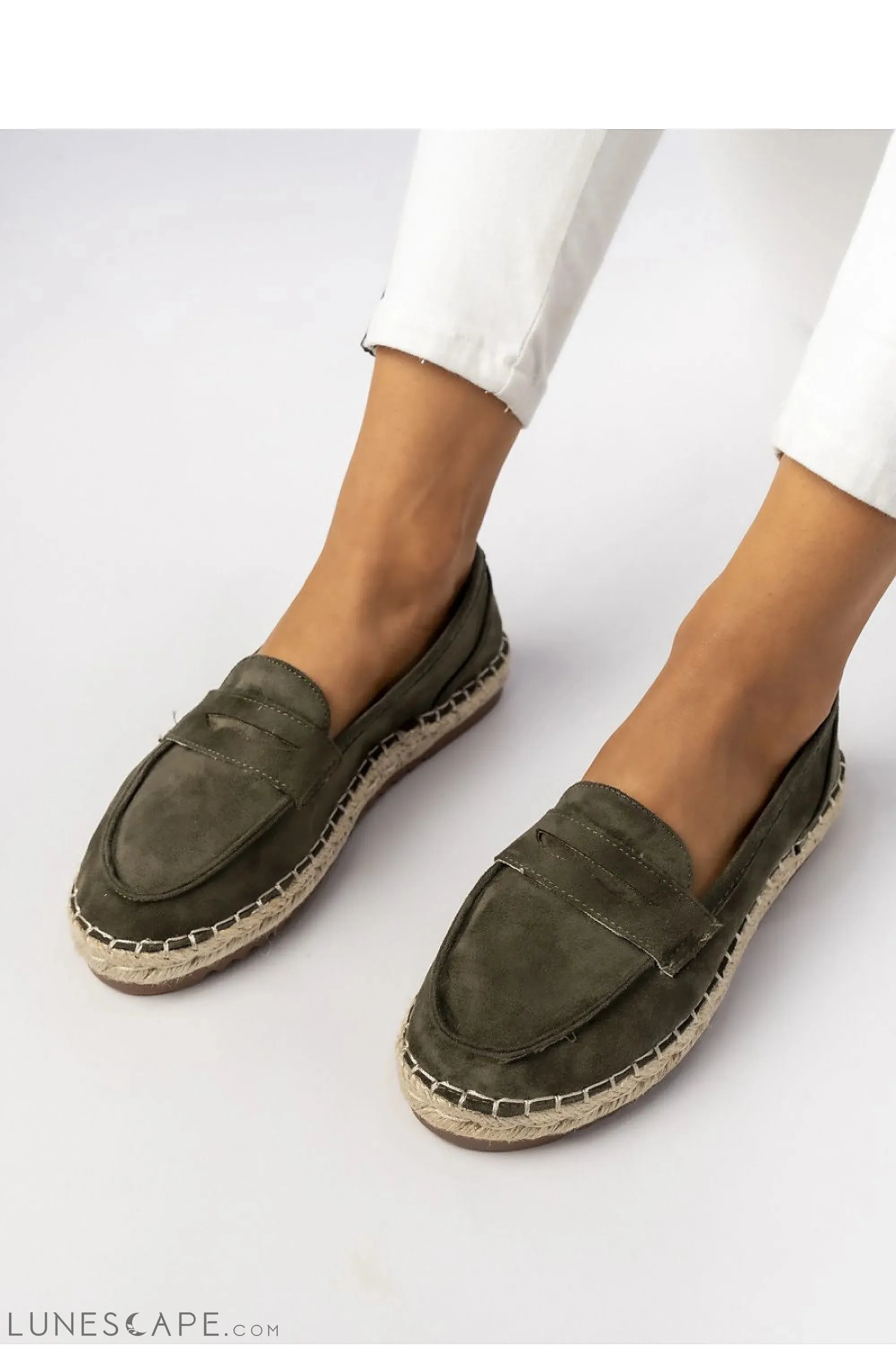 Olive Eco-Suede Women’s Loafers with Espadrille Sole