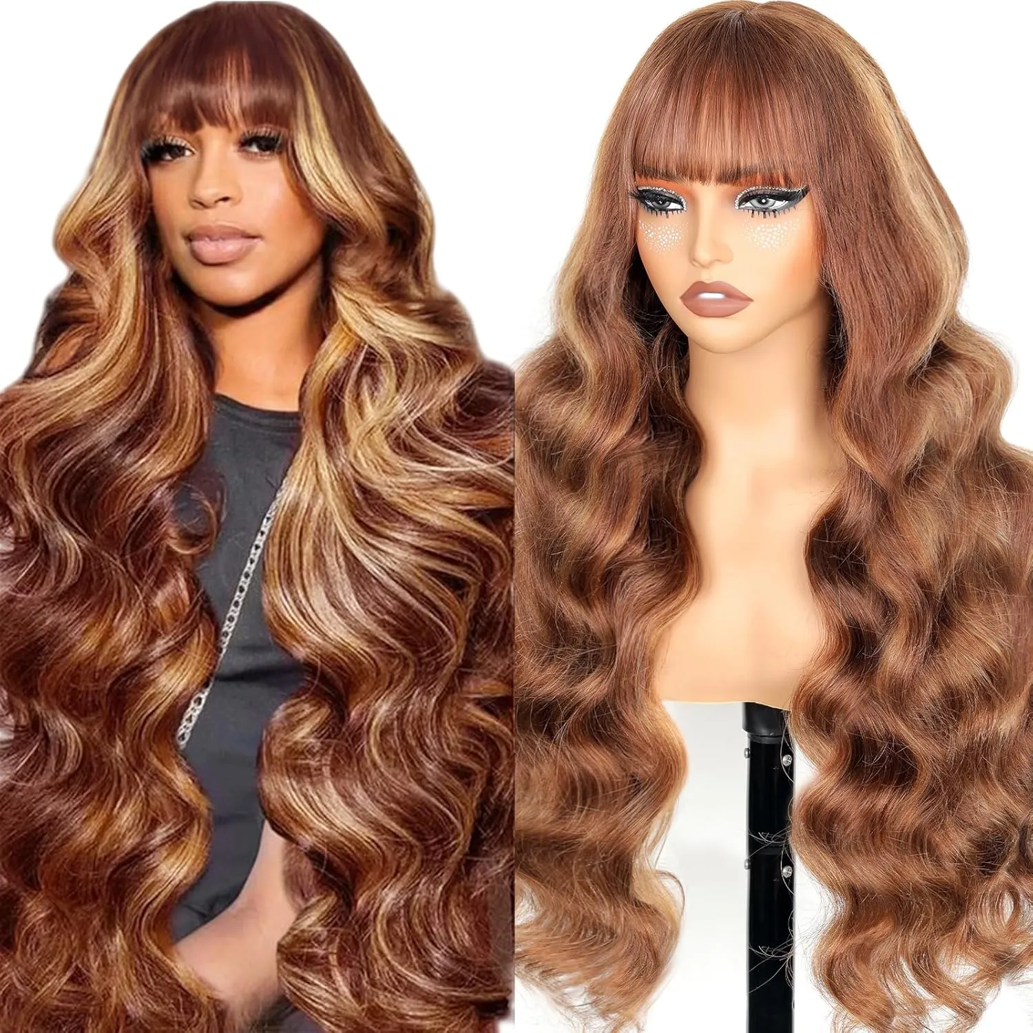 Ombre Highlight Human Hair Wig with Bangs 2x4 HD Lace Front Closure Body Wave Wear and Go Glueless Highlights 4/27 Honey Blonde Brown Colored 100% Human Hair Wigs for Black Women 16 Inch