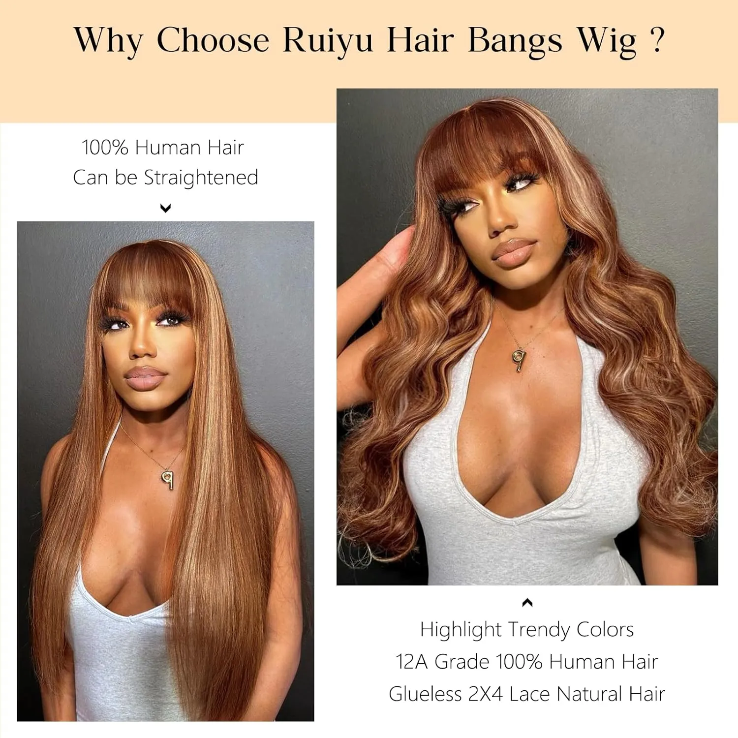 Ombre Highlight Human Hair Wig with Bangs 2x4 HD Lace Front Closure Body Wave Wear and Go Glueless Highlights 4/27 Honey Blonde Brown Colored 100% Human Hair Wigs for Black Women 16 Inch