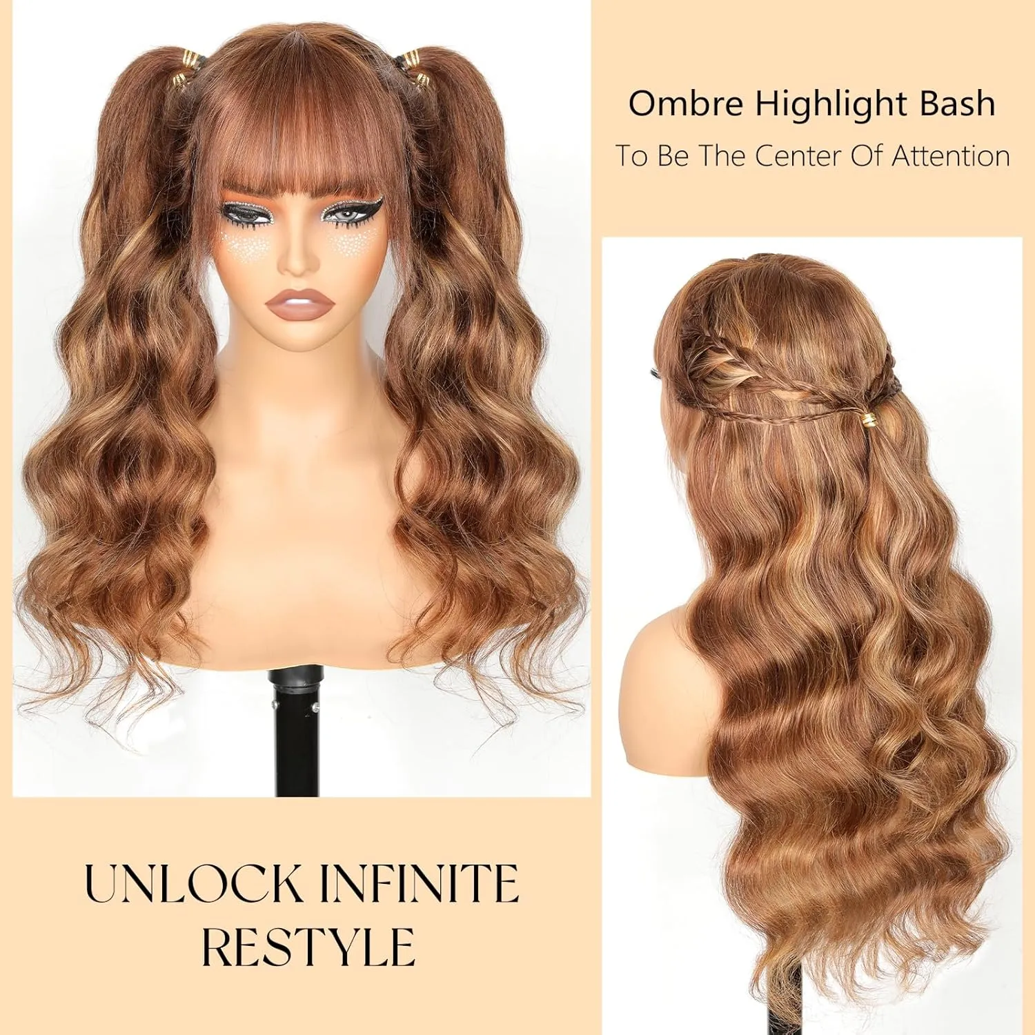 Ombre Highlight Human Hair Wig with Bangs 2x4 HD Lace Front Closure Body Wave Wear and Go Glueless Highlights 4/27 Honey Blonde Brown Colored 100% Human Hair Wigs for Black Women 16 Inch