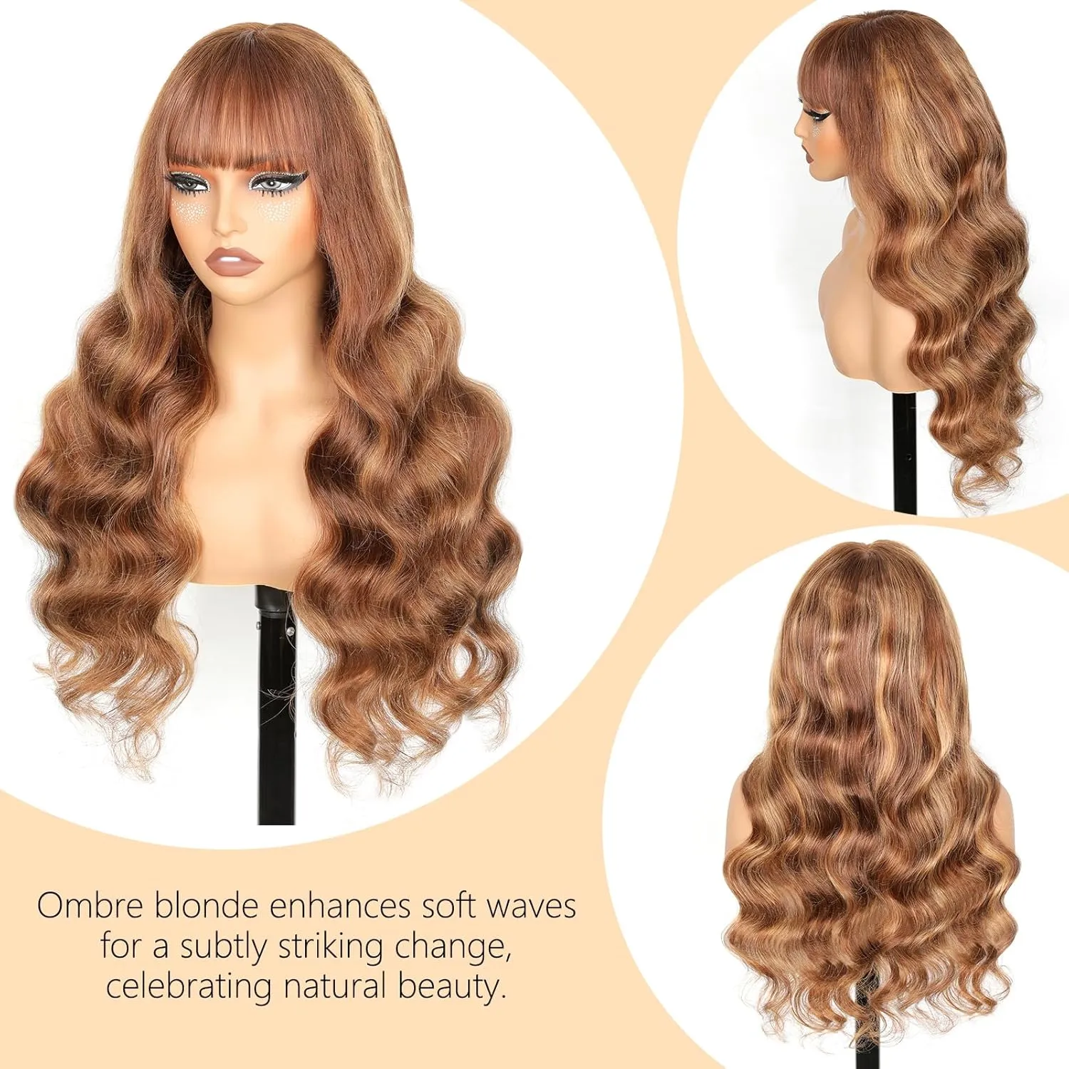 Ombre Highlight Human Hair Wig with Bangs 2x4 HD Lace Front Closure Body Wave Wear and Go Glueless Highlights 4/27 Honey Blonde Brown Colored 100% Human Hair Wigs for Black Women 16 Inch