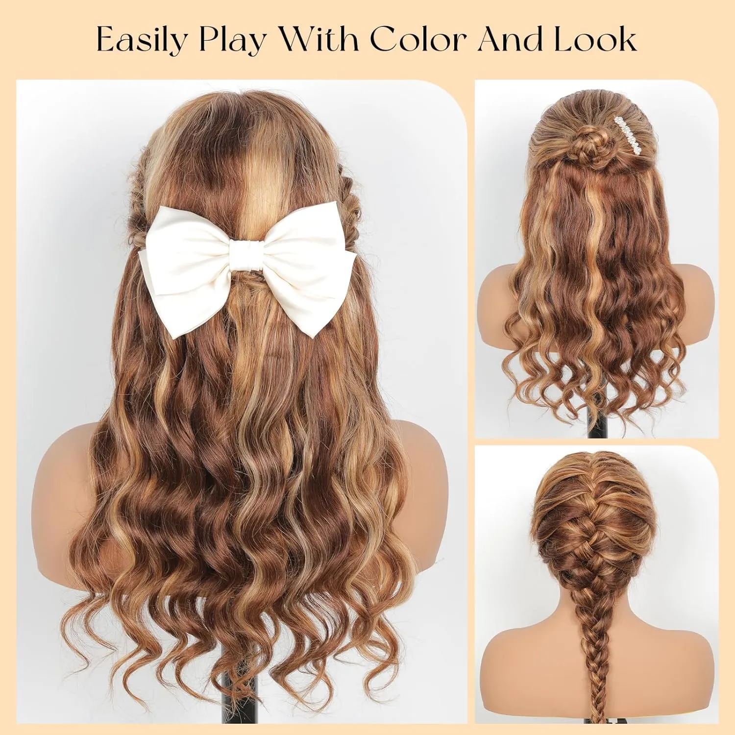 Ombre Highlight Human Hair Wig with Bangs 2x4 HD Lace Front Closure Body Wave Wear and Go Glueless Highlights 4/27 Honey Blonde Brown Colored 100% Human Hair Wigs for Black Women 16 Inch