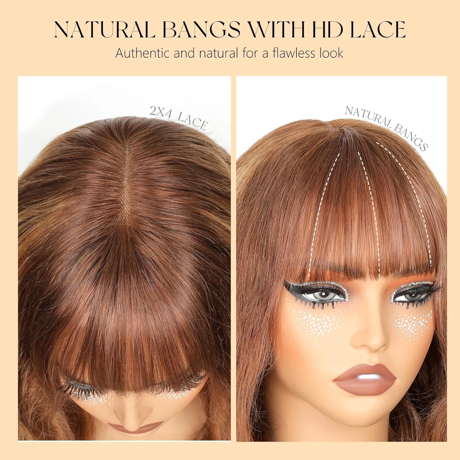 Ombre Highlight Human Hair Wig with Bangs 2x4 HD Lace Front Closure Body Wave Wear and Go Glueless Highlights 4/27 Honey Blonde Brown Colored 100% Human Hair Wigs for Black Women 16 Inch
