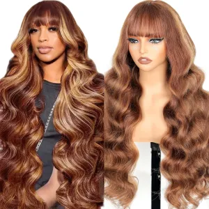 Ombre Highlight Human Hair Wig with Bangs 2x4 HD Lace Front Closure Body Wave Wear and Go Glueless Highlights 4/27 Honey Blonde Brown Colored 100% Human Hair Wigs for Black Women 16 Inch